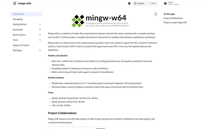 Screenshot of mingw-w64.org