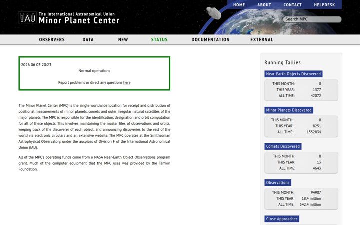 Screenshot of minorplanetcenter.net