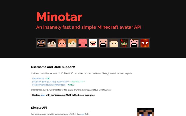 Screenshot of minotar.net