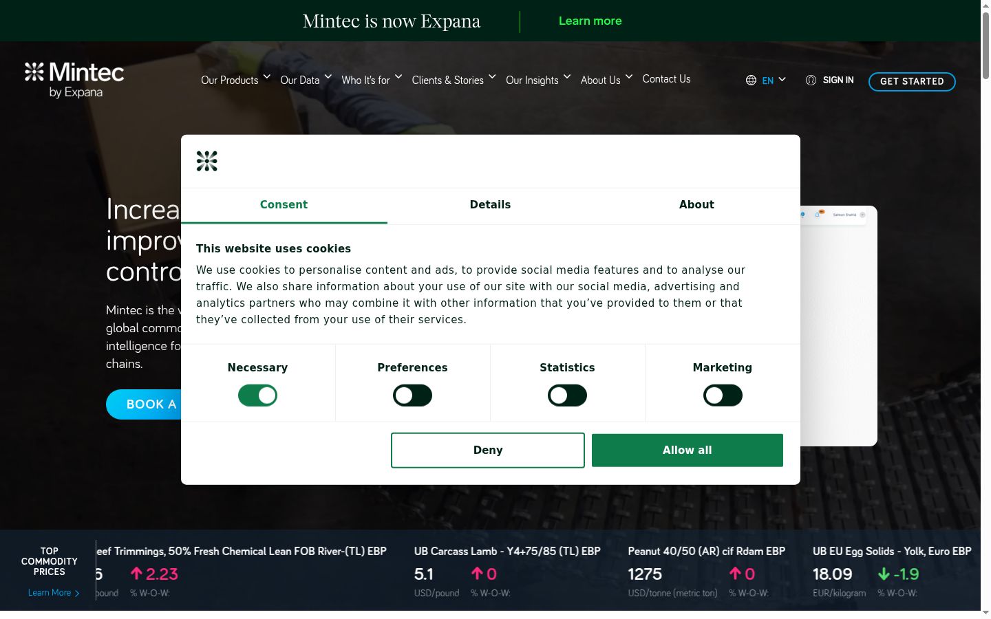 Screenshot del banner di consenso mostrato prima di qualsiasi interazione