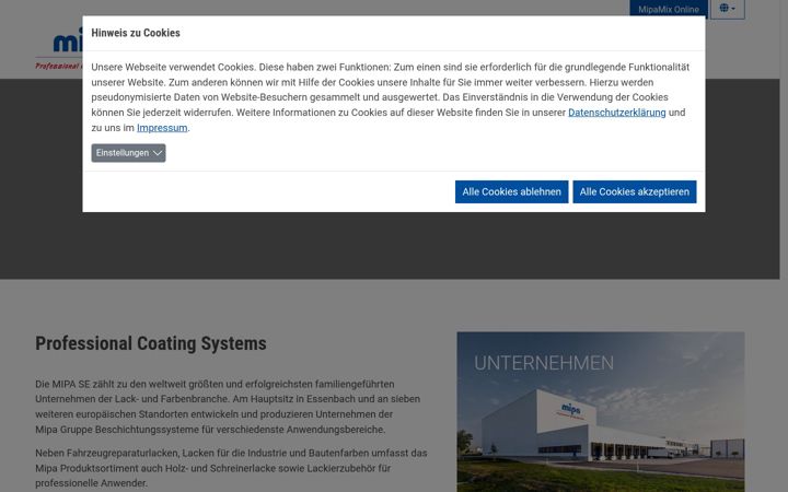 Screenshot of mipa-paints.com