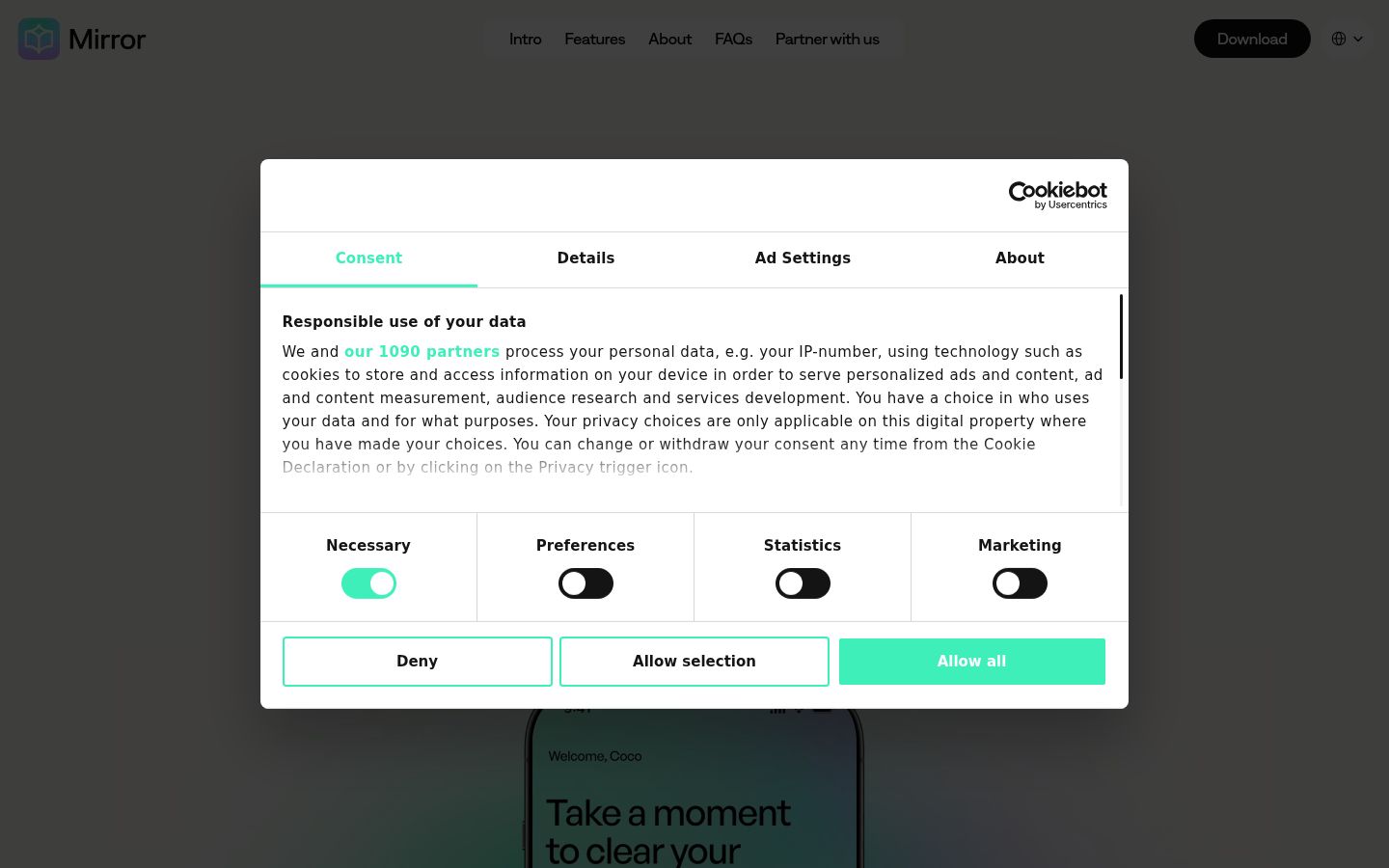Screenshot of the consent banner shown before any interaction
