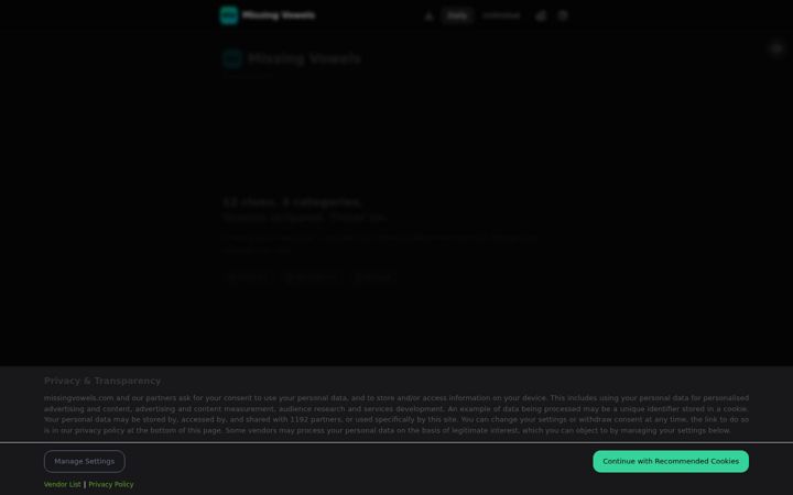 Screenshot of missingvowels.com