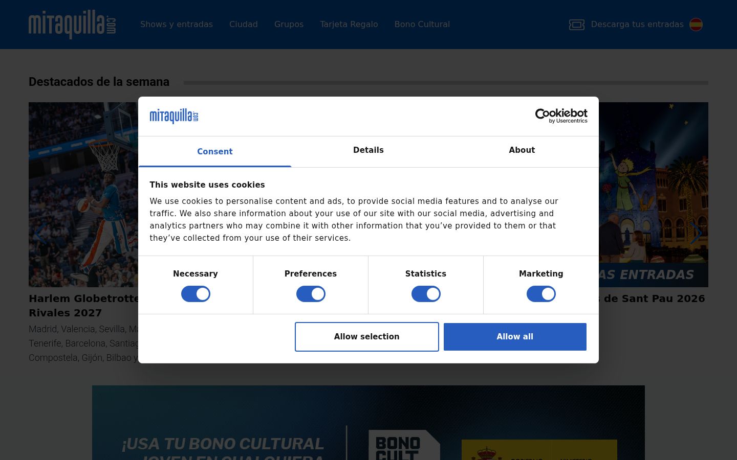 Captura de pantalla del banner de consentimiento mostrado antes de cualquier interacción
