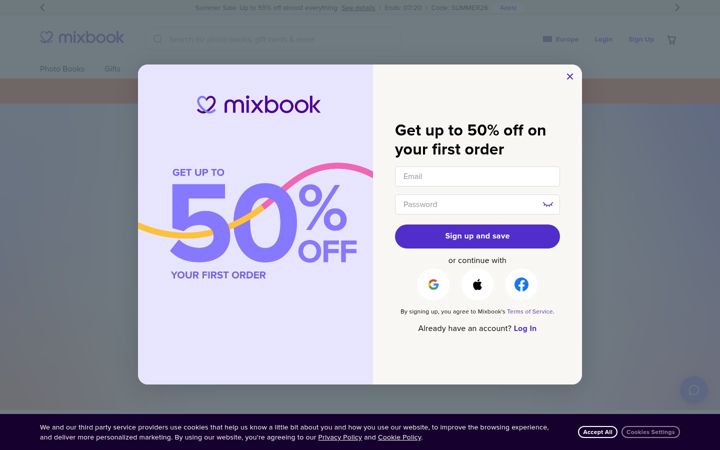 Skjámynd af mixbook.com