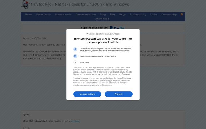 Screenshot of mkvtoolnix.download