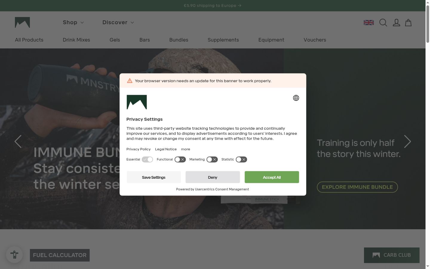Captura de ecrã do banner de consentimento apresentado antes de qualquer interação