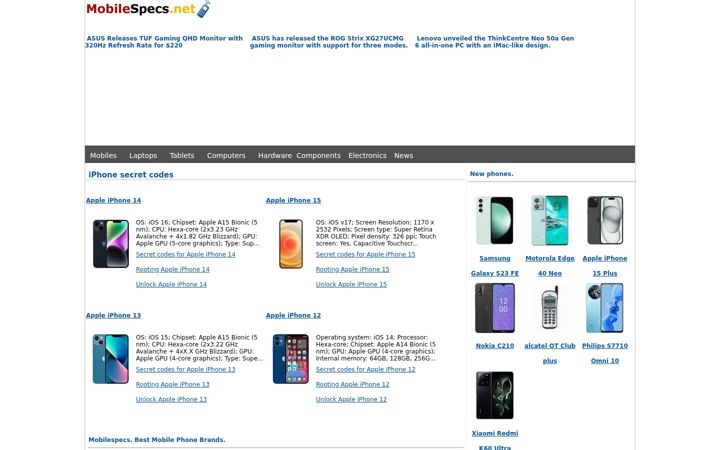 Screenshot of mobilespecs.net