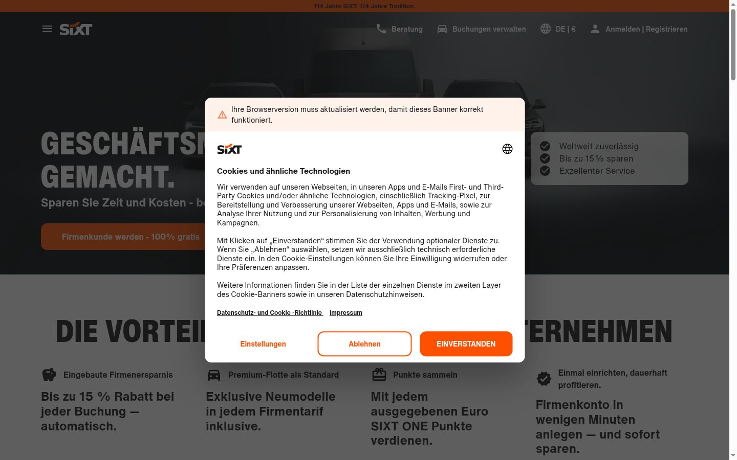 Skærmbillede af samtykkebanneret, som det blev vist før nogen interaktion