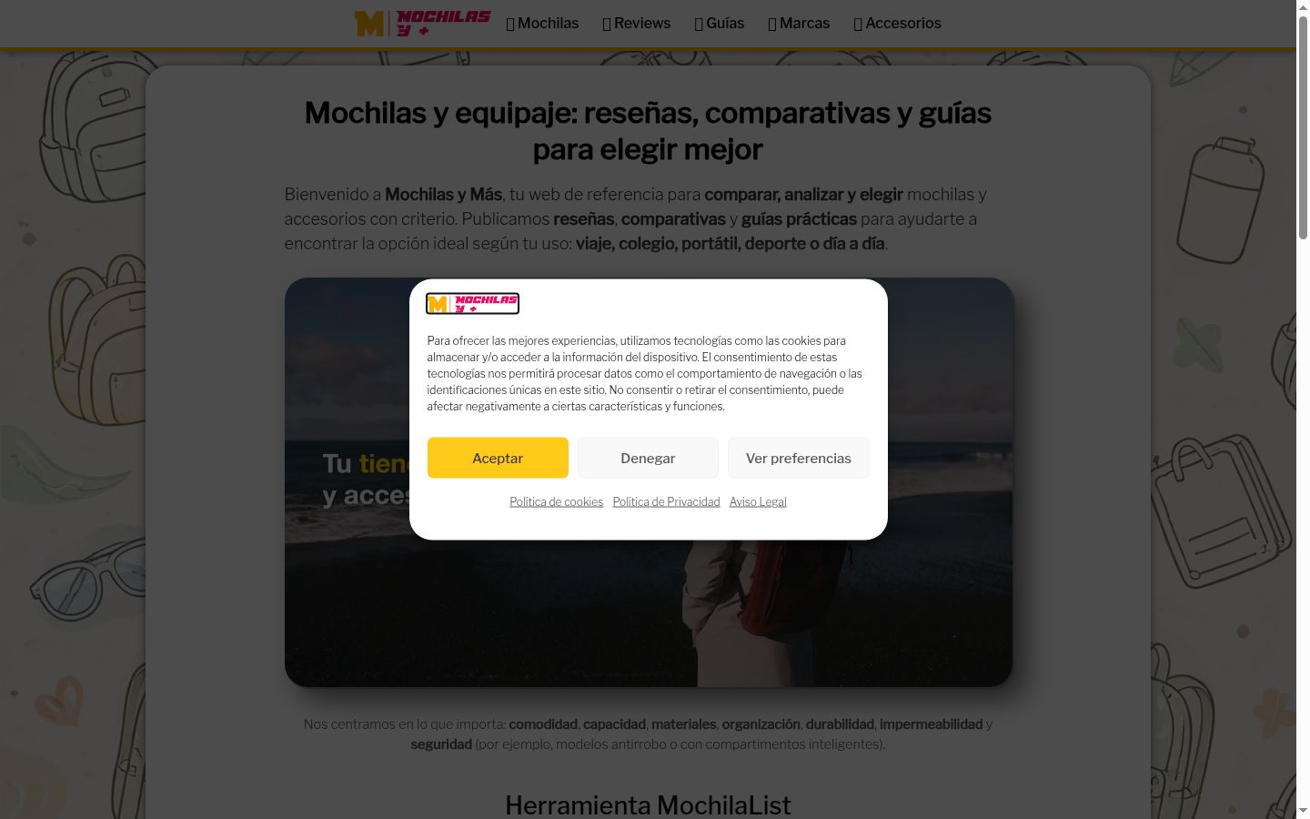 Captura de pantalla del banner de consentimiento mostrado antes de cualquier interacción