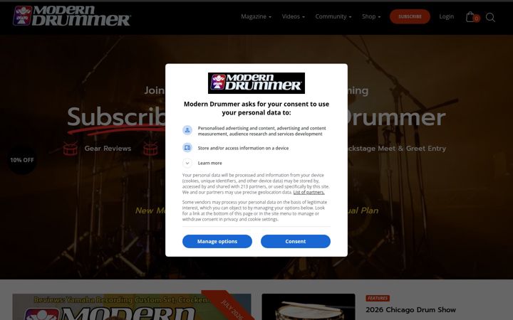 Screenshot of moderndrummer.com