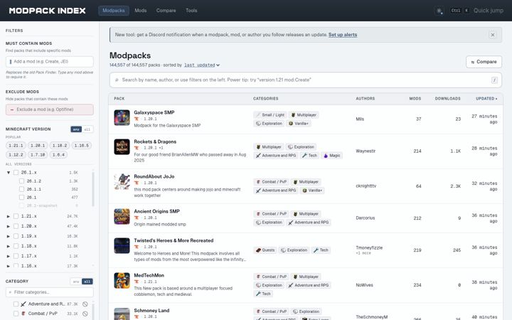 Screenshot stránky modpackindex.com