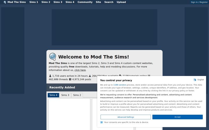 Screenshot stránky modthesims.info