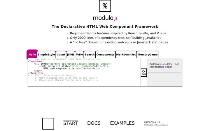 Screenshot van modulojs.org