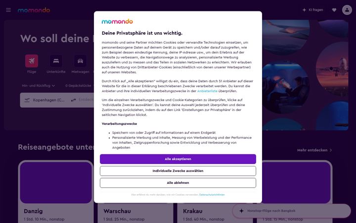 Screenshot of momondo.ch