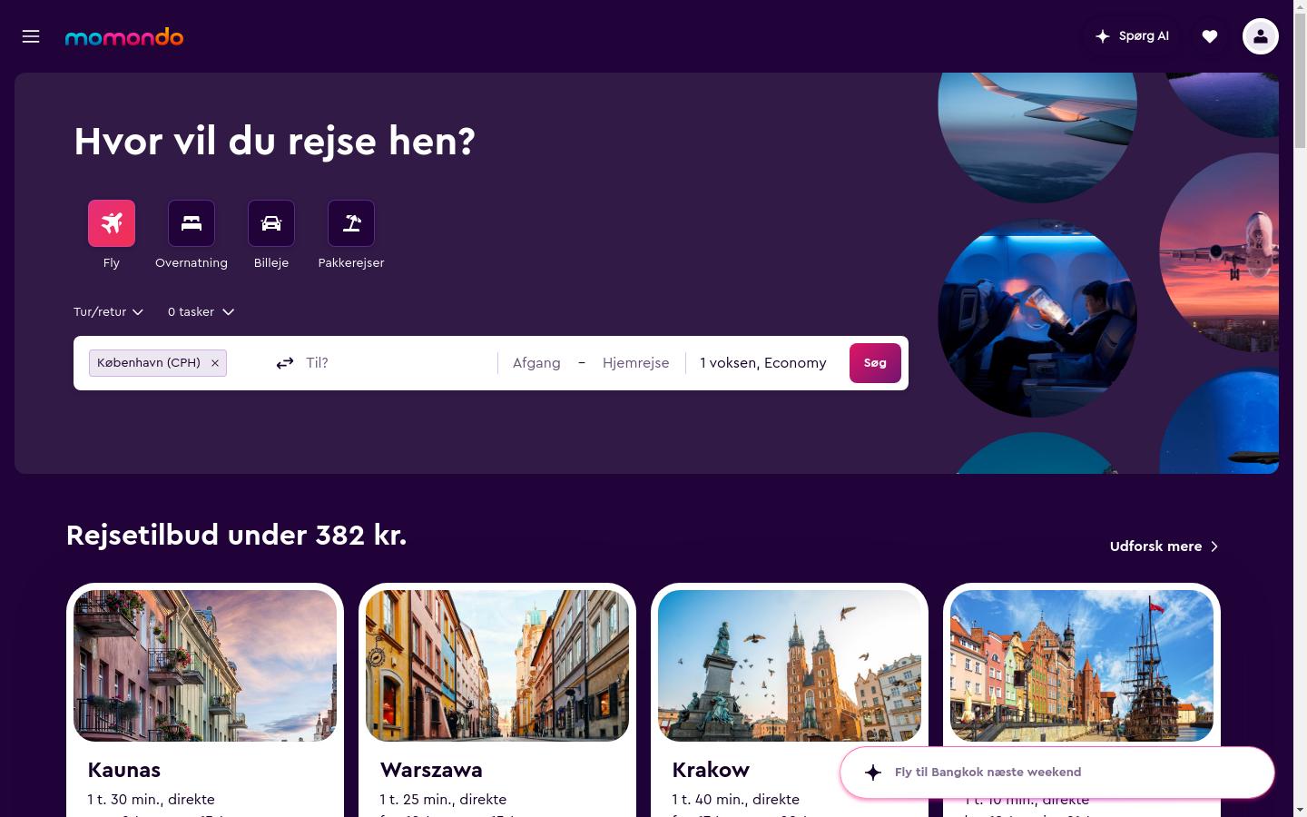 Screenshot of momondo.dk