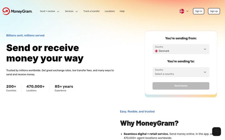 Captură de ecran a moneygram.com