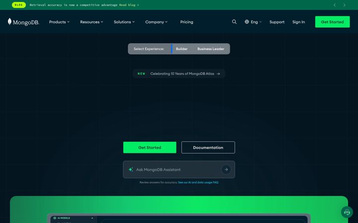 Kuvakaappaus sivustosta mongodb.com