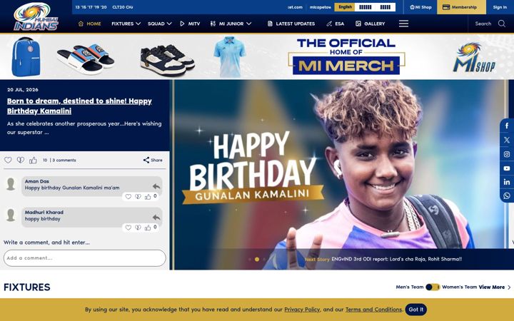 Screenshot of mumbaiindians.com