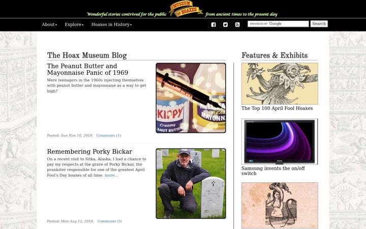 Screenshot of museumofhoaxes.com