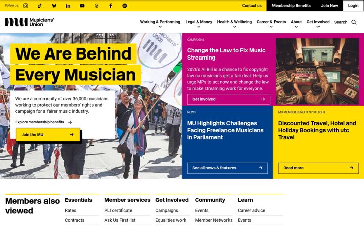 Kuvakaappaus sivustosta musiciansunion.org.uk