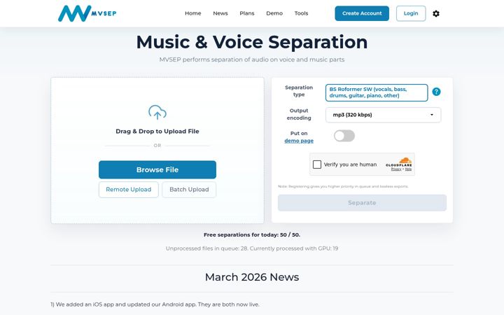 Screenshot of mvsep.com