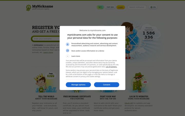 Screenshot of mynickname.com
