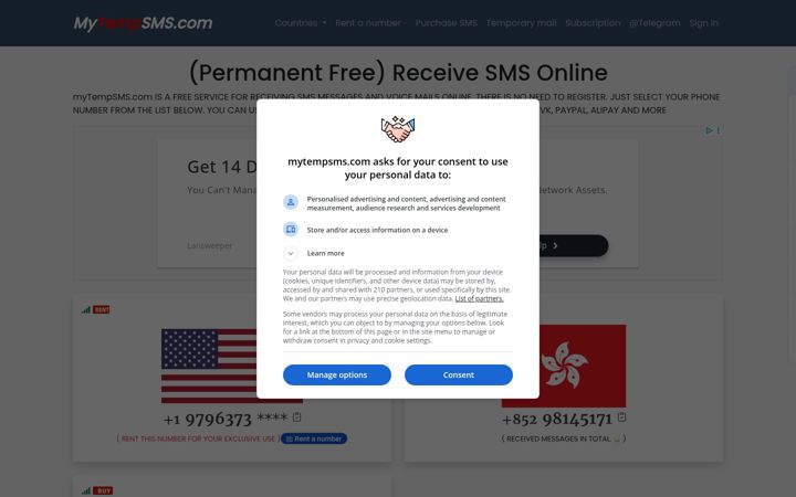 Screenshot of mytempsms.com
