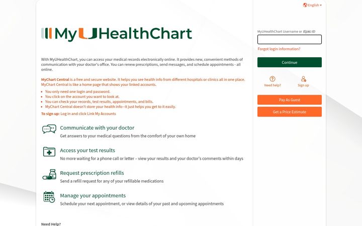 Screenshot of myuhealthchart.com
