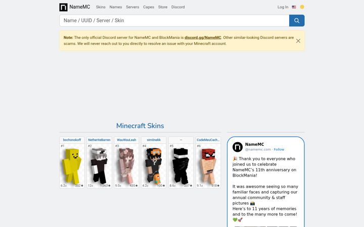 Captură de ecran a namemc.com
