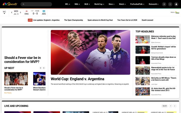 Snímek obrazovky nbcsports.com