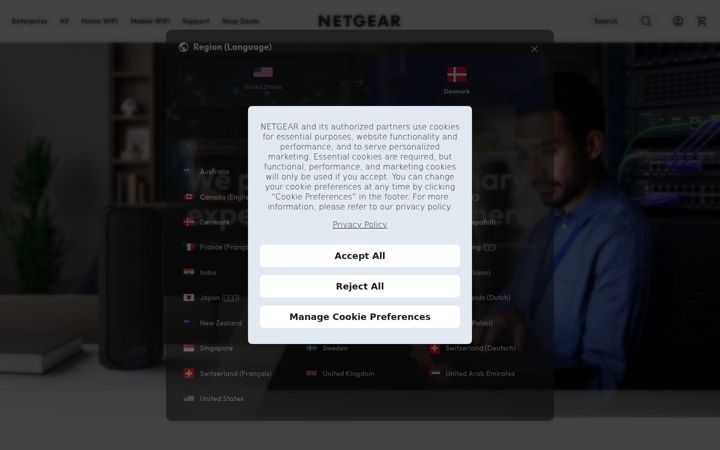 Screenshot stránky netgear.com