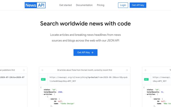 Screenshot of newsapi.org
