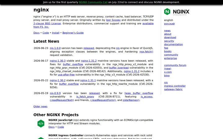Screenshot ta' nginx.org