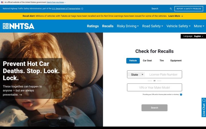 Screenshot di nhtsa.gov