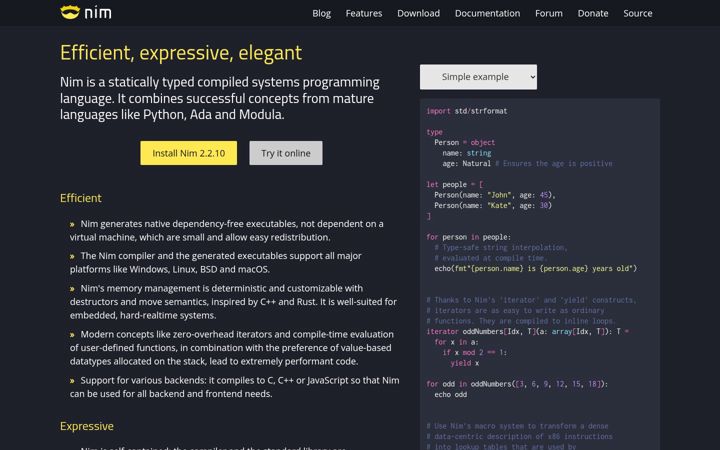 Screenshot of nim-lang.org