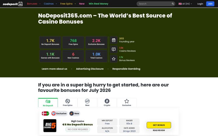 Screenshot of nodeposit365.com