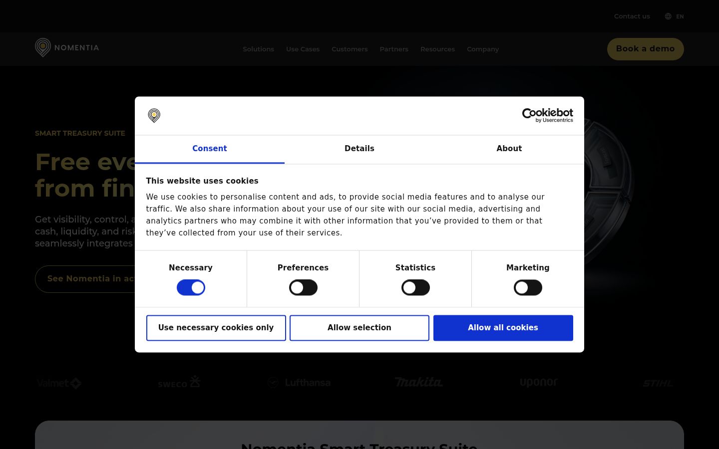 Screenshot del banner di consenso mostrato prima di qualsiasi interazione