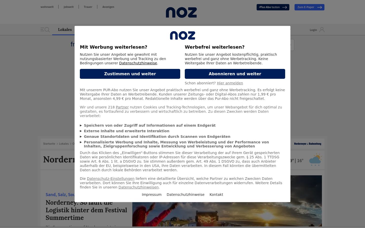 Screenshot del banner di consenso mostrato prima di qualsiasi interazione
