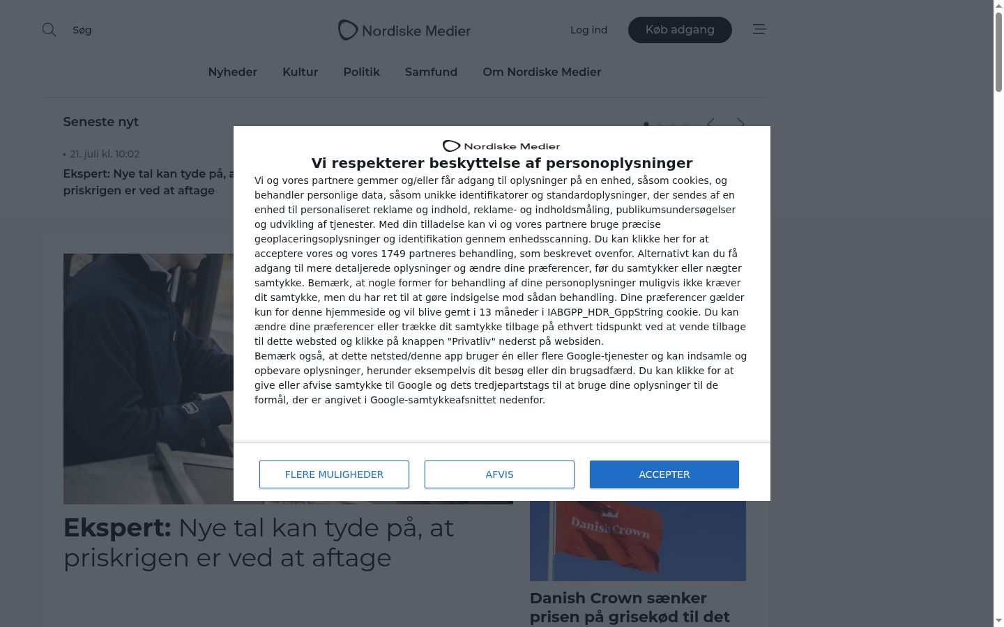 Skærmbillede af samtykkebanneret, som det blev vist før nogen interaktion
