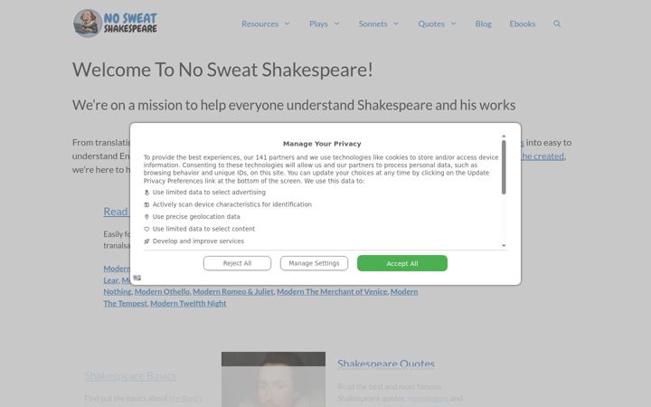 Screenshot of nosweatshakespeare.com