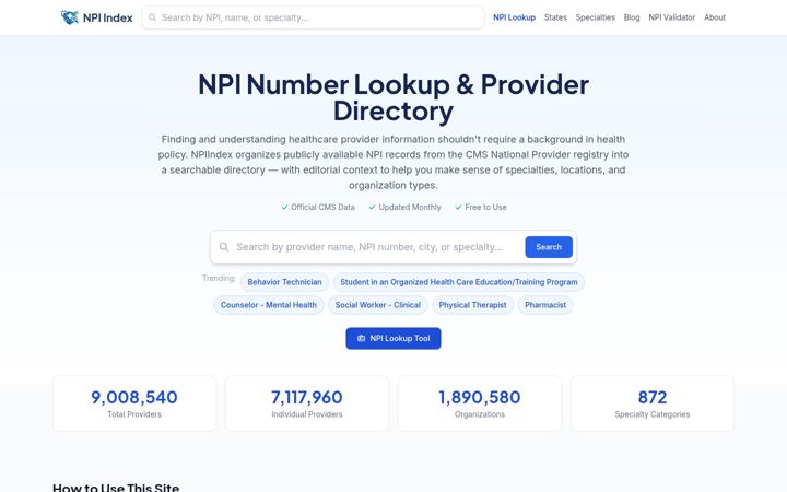 Screenshot of npiindex.com