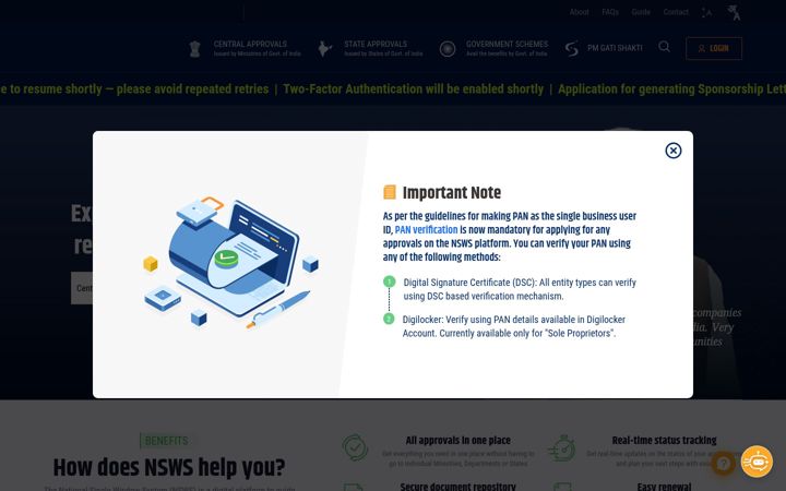 Screenshot of nsws.gov.in