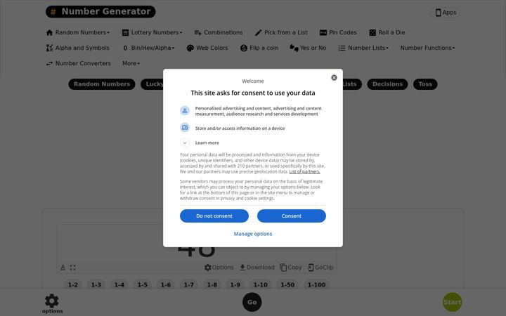 Screenshot of numbergenerator.org