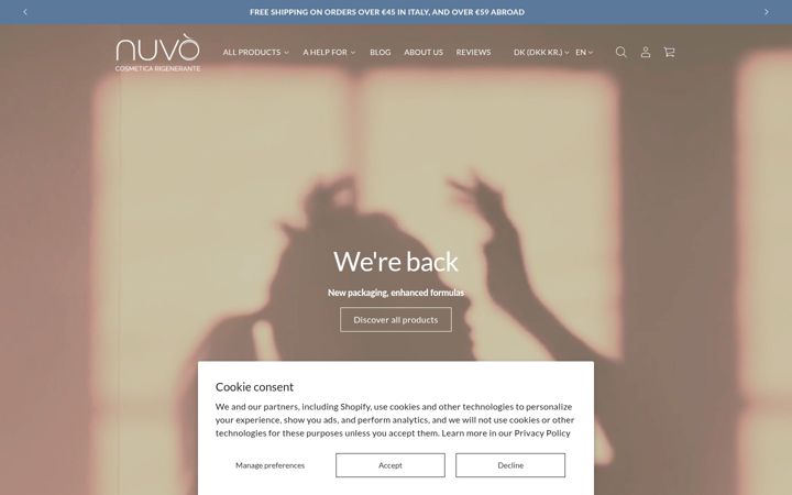Kuvakaappaus sivustosta nuvocosmetic.com