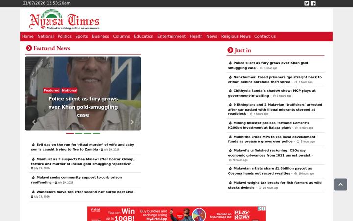 Screenshot of nyasatimes.com