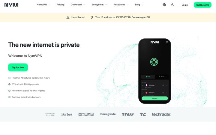 Screenshot van nymtech.net