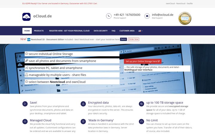 Snímek obrazovky ocloud.de