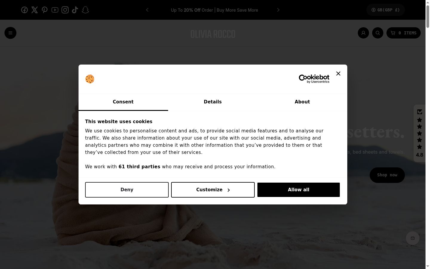 Screenshot del banner di consenso mostrato prima di qualsiasi interazione