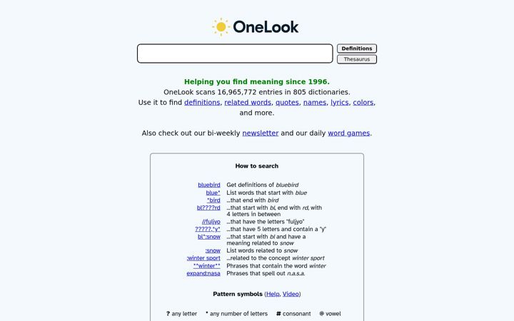Screenshot von onelook.com